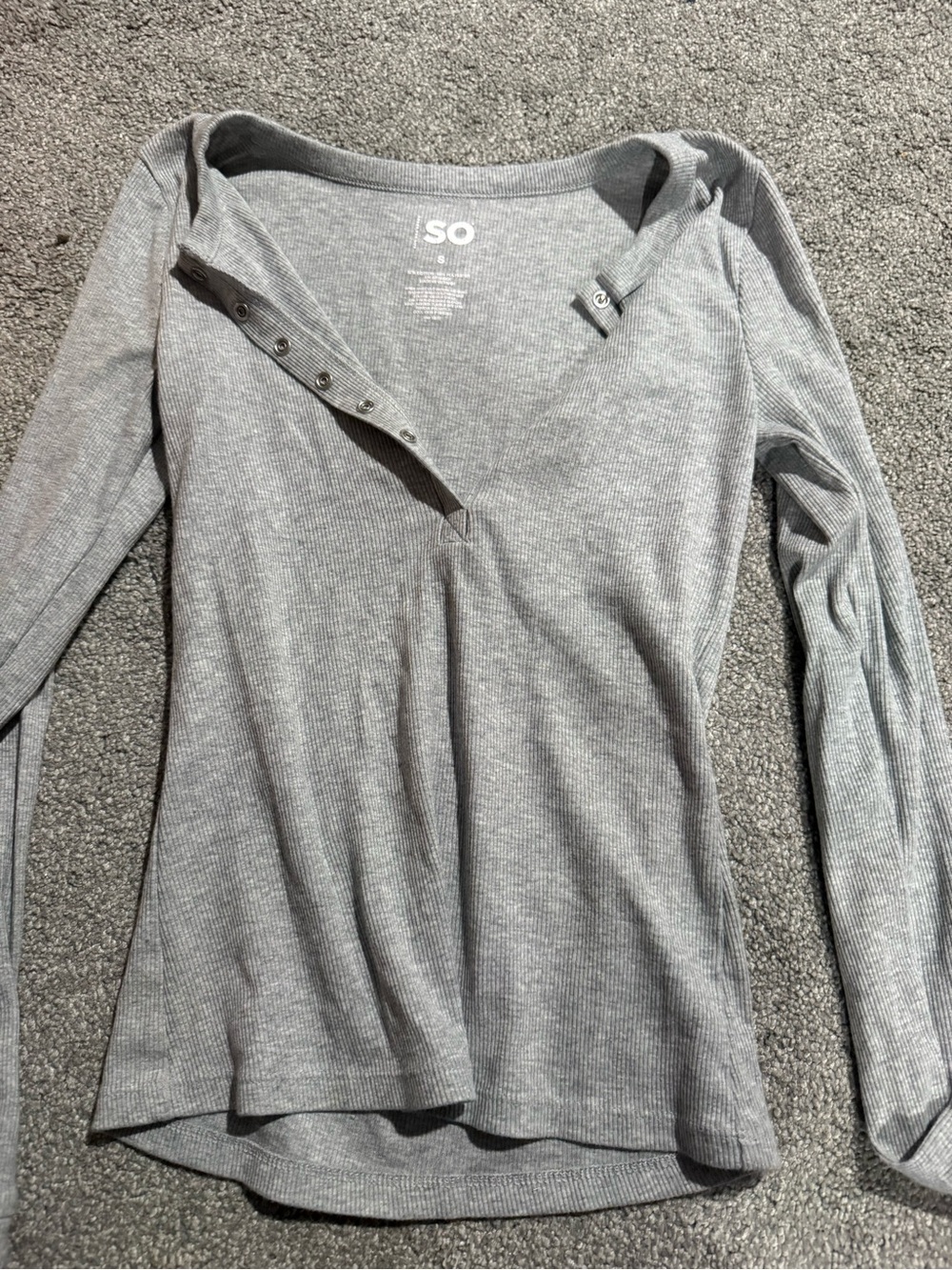 SO Light Gray Ribbed Henley-Style Long Sleeve Top